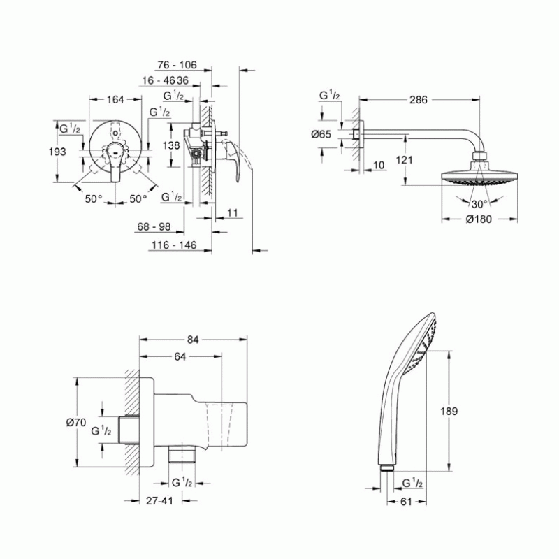 Душевая система встраиваемая со смесителем Grohe Eurosmart 124440 Душевая система встраиваемая со смесителем Grohe Eurosmart 124440