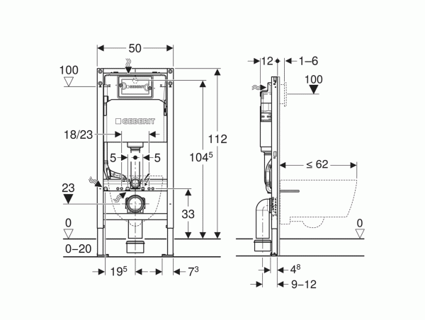 Инсталляция Geberit Duofix для подвесного унитаза 112см, бачок Delta 12см, смывная клавиша Delta01 белая глянцевая 111.154.11.3