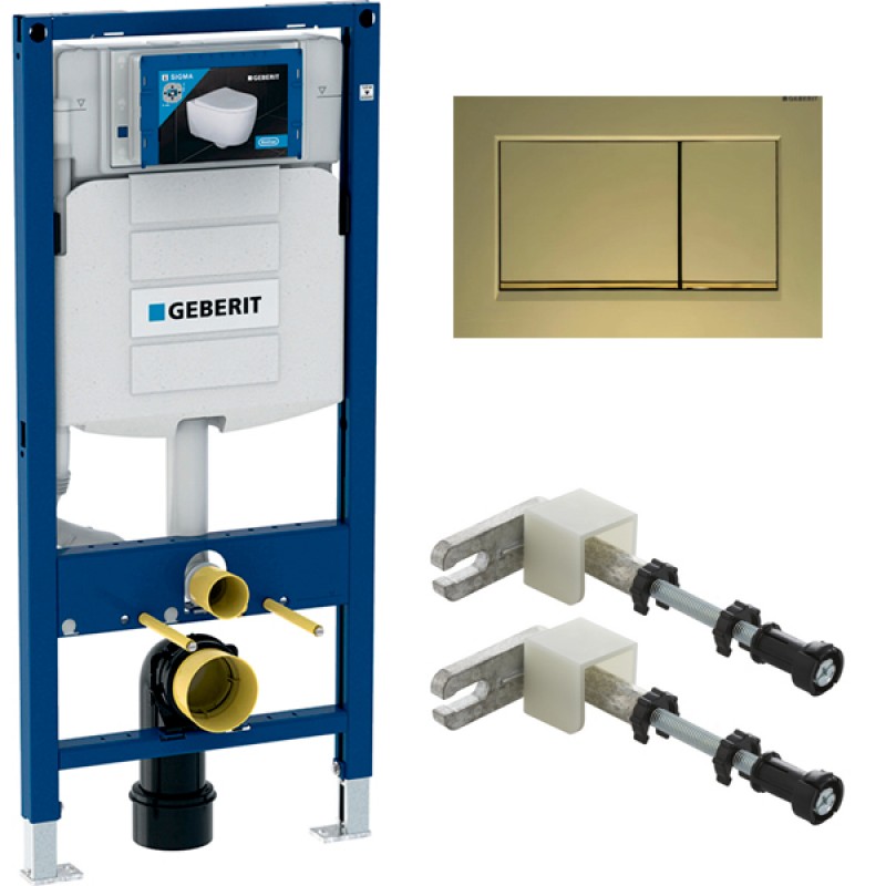 500.300.GN30.G Инсталляция Geberit Duofix Sigma 12 UP320 111.300.00.5 с кнопкой Sigma 30 в комплекте с унитазом безободковым Roca The Gap 34647L000 (золотая матовая кнопка)