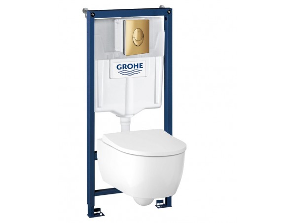 Инсталляция Grohe 38721GL1 в комплекте с унитазом безободковым Geberit iCon 500.784.01.1 (золотая кнопка)
