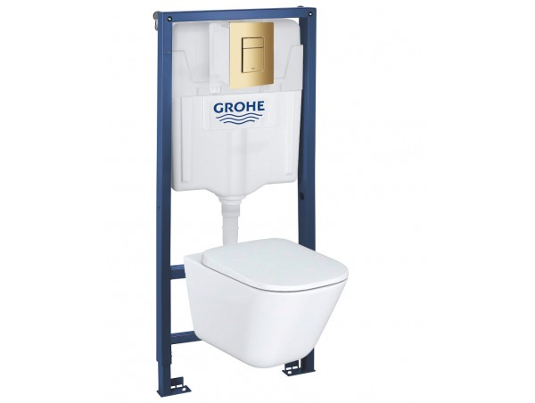 Инсталляция Grohe 38772GL1 в комплекте с унитазом безободковым Roca The Gap 34647L000 (золотая глянцевая кнопка)