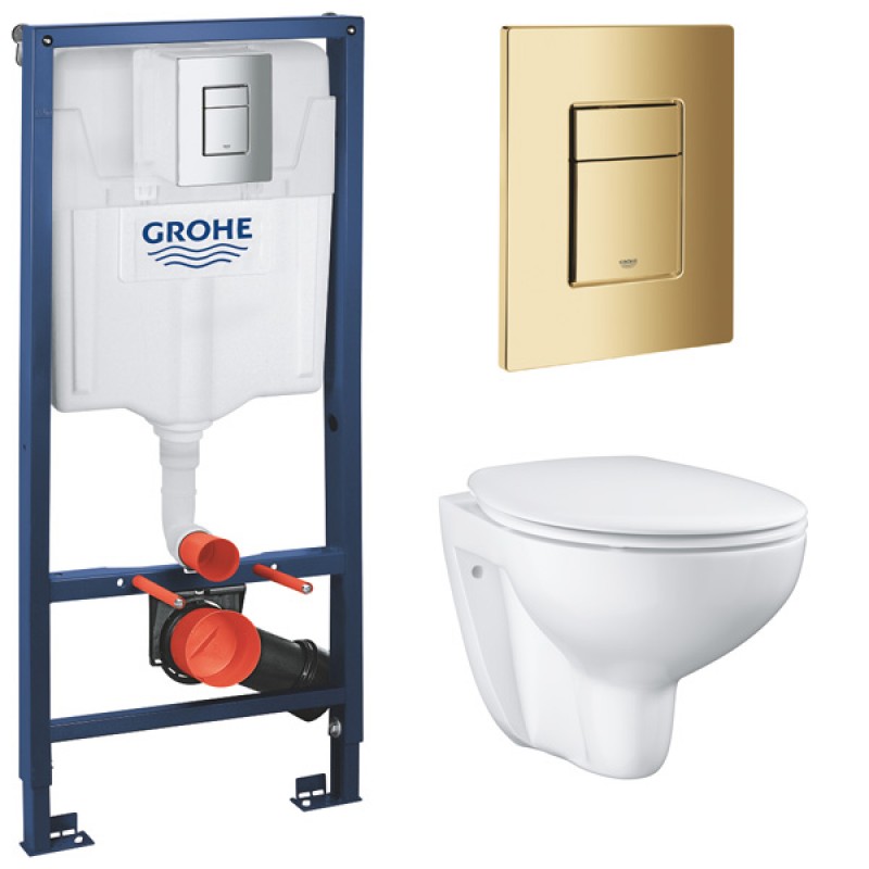 Инсталляция Grohe 38772GL1 в комплекте с унитазом безободковым Bau Ceramic 39351000 (золотая кнопка)