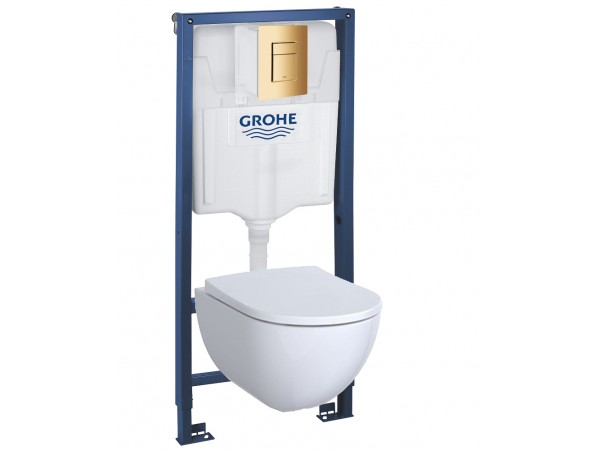 Инсталляция Grohe 38772GL1 в комплекте с унитазом безободковым Geberit Acanto 500.600.01.2 (золотая кнопка)
