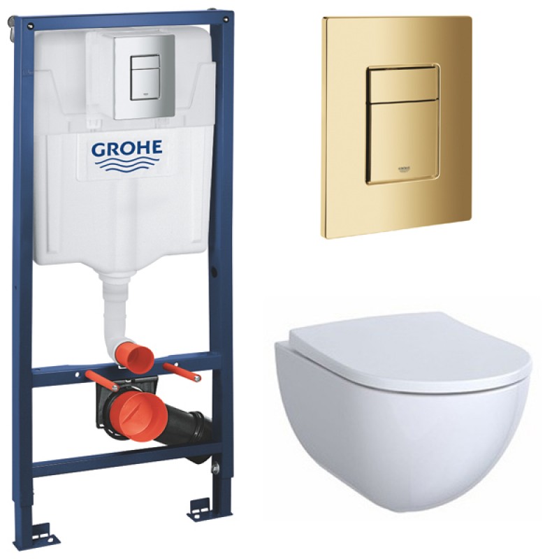 Инсталляция Grohe 38772GL1 в комплекте с унитазом безободковым Geberit Acanto 500.600.01.2 (золотая кнопка)