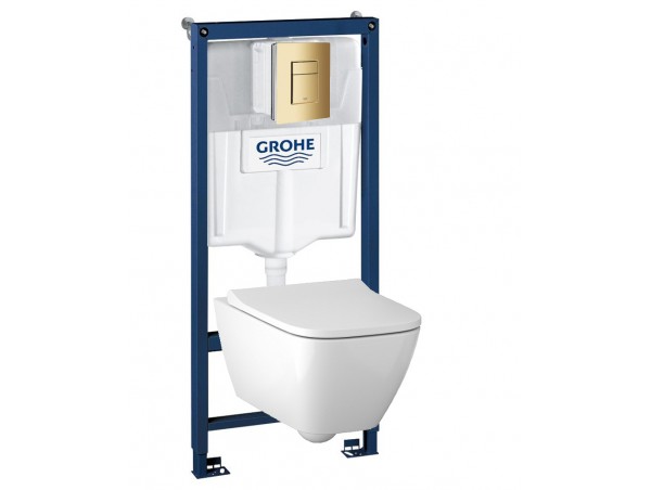 Инсталляция Grohe 38772GL1 в комплекте с унитазом безободковым Geberit Smyle Square 500.683.01.1 (золотая кнопка)