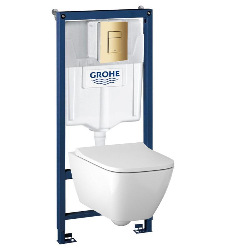 Инсталляция Grohe 38772GL1 в комплекте с унитазом безободковым Geberit Smyle Square 500.683.01.1 (золотая кнопка)