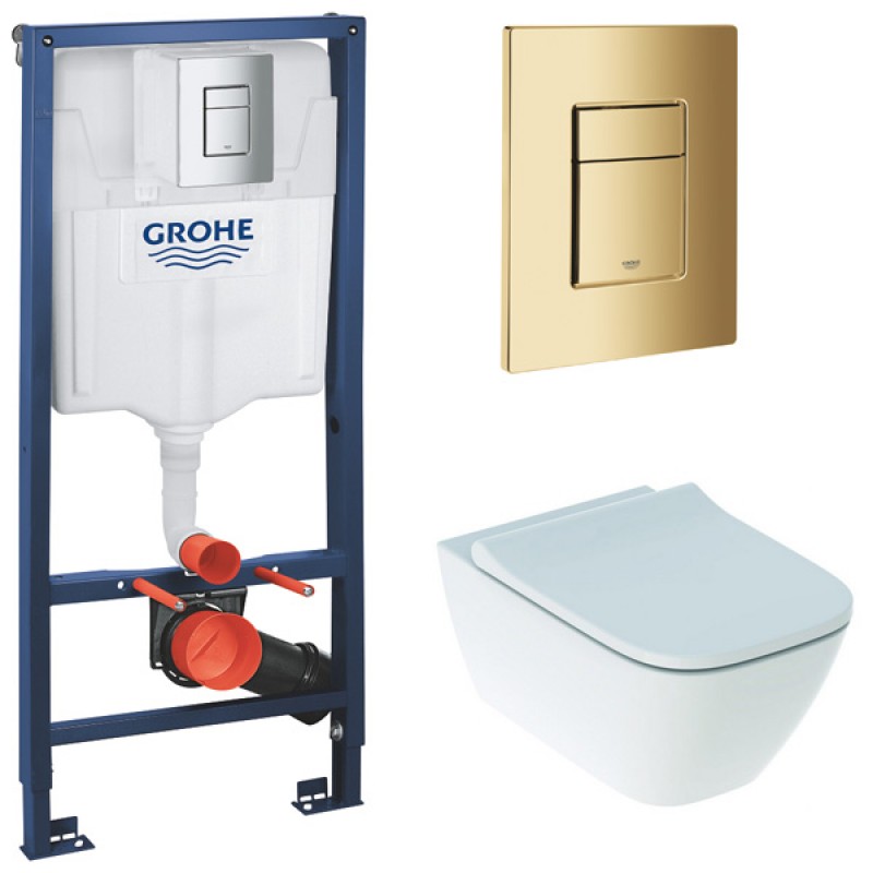Инсталляция Grohe 38772GL1 в комплекте с унитазом безободковым Geberit Smyle Square 500.683.01.1 (золотая кнопка)