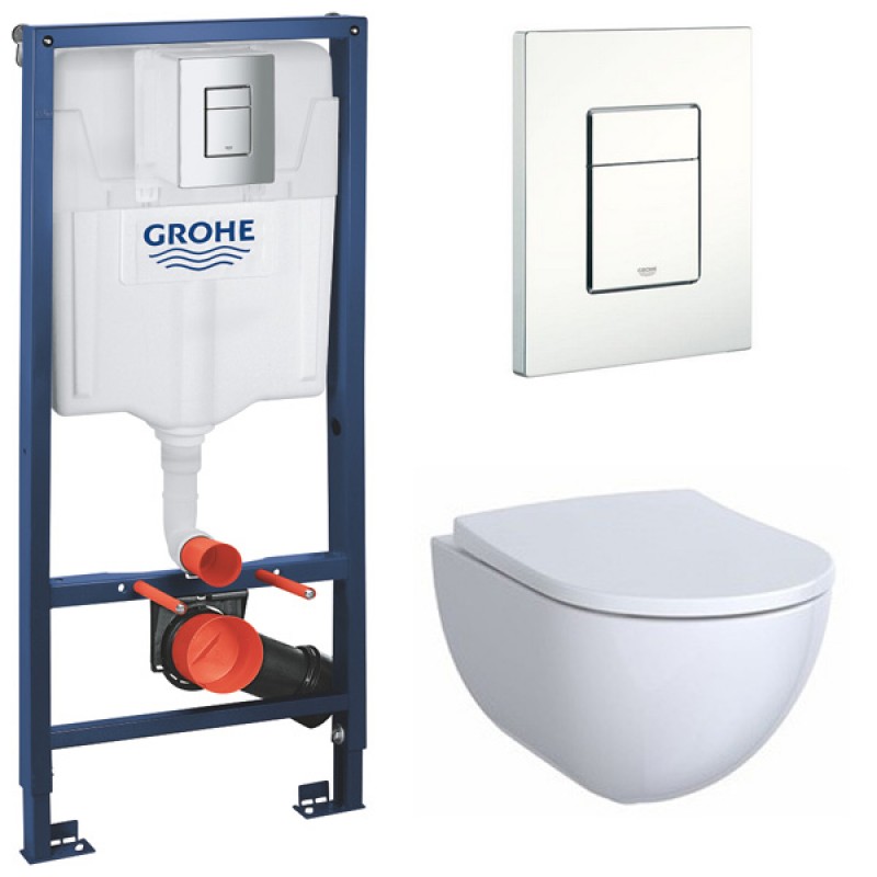Инсталляция Grohe 38772SH1 в комплекте с унитазом безободковым Geberit Acanto 500.600.01.2 (белая кнопка)
