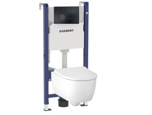 Инсталляция Geberit Delta 458.124.16.1 в комплекте с унитазом безободковым Geberit iCon 500.784.01.1 черная кнопка (не оставляет отпечатков пальцев)