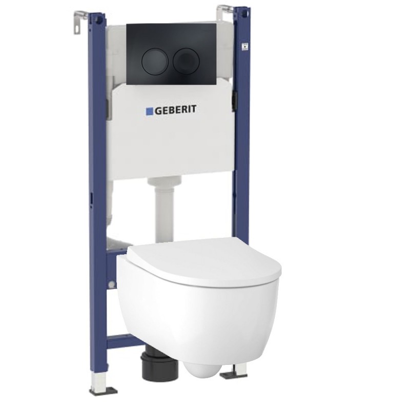 Инсталляция Geberit Delta 458.124.16.1 в комплекте с унитазом безободковым Geberit iCon 500.784.01.1 черная кнопка (не оставляет отпечатков пальцев)