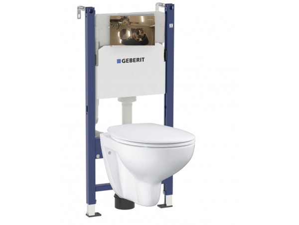 Инсталляция Geberit Delta 458.124.GL.1 в комплекте с унитазом безободковым Bau Ceramic 39351000 (золотая кнопка)