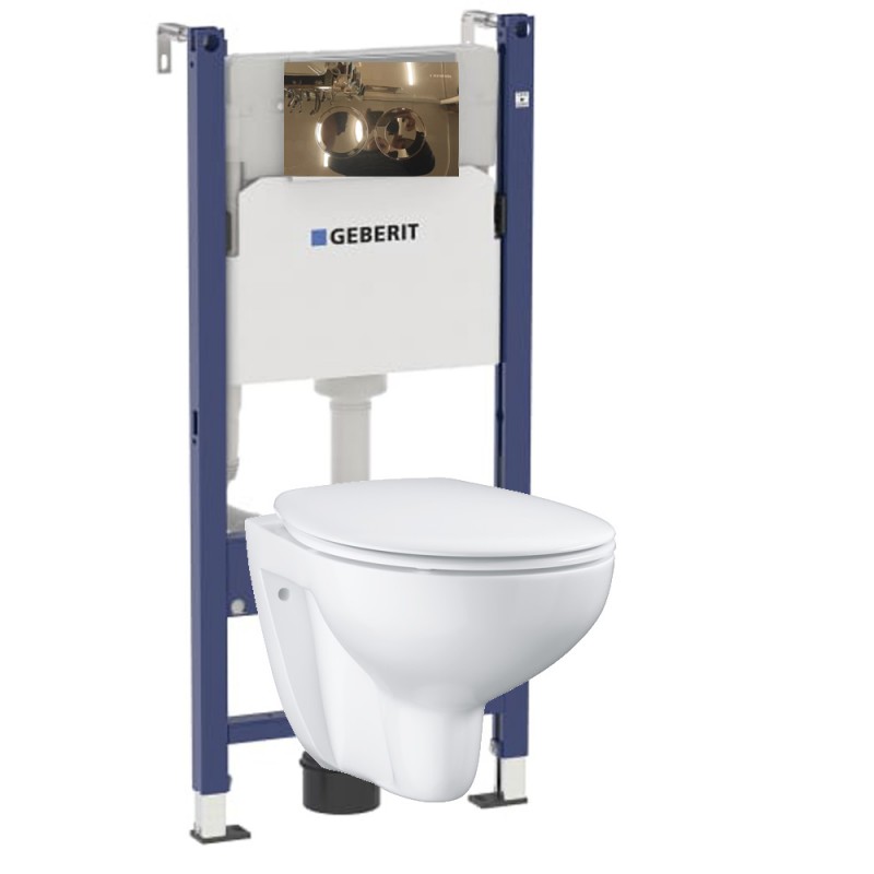 Инсталляция Geberit Delta 458.124.GL.1 в комплекте с унитазом безободковым Bau Ceramic 39351000 (золотая кнопка)
