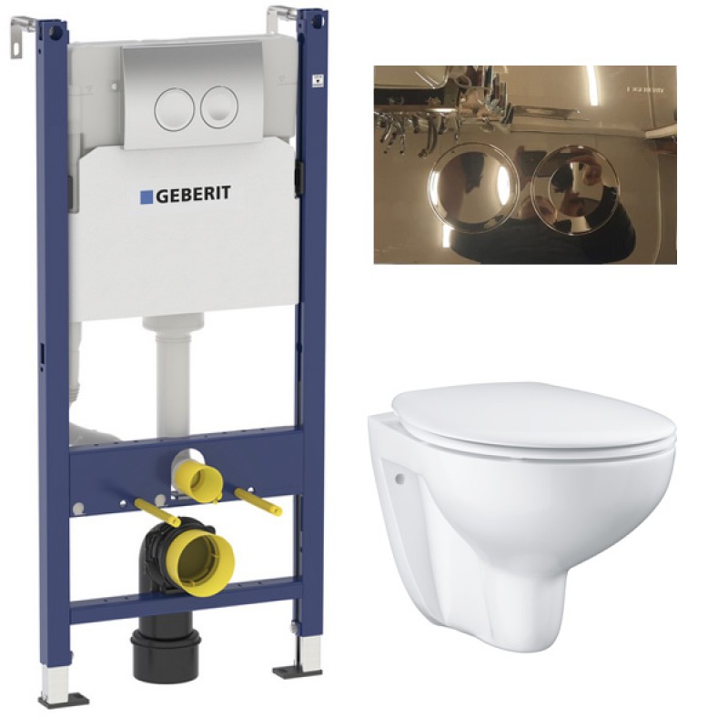 Инсталляция Geberit Delta 458.124.GL.1 в комплекте с унитазом безободковым Bau Ceramic 39351000 (золотая кнопка)