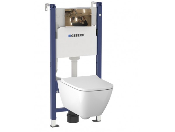 Инсталляция Geberit Delta 458.124.GL.1 в комплекте с унитазом безободковым Geberit Smyle Square 500.683.01.1 (золотая кнопка)