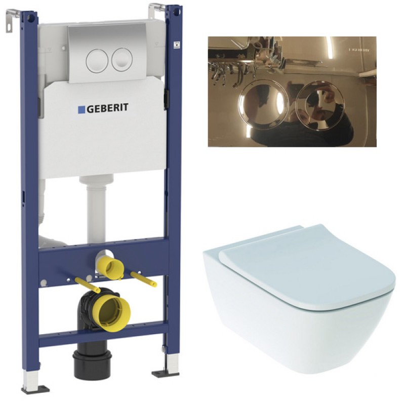 Инсталляция Geberit Delta 458.124.GL.1 в комплекте с унитазом безободковым Geberit Smyle Square 500.683.01.1 (золотая кнопка)