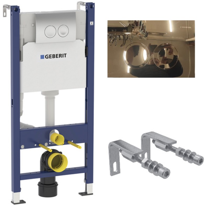Инсталляция Geberit Delta 458.124.GL.1 в комплекте с унитазом безободковым Geberit Smyle Square 500.683.01.1 (золотая кнопка)