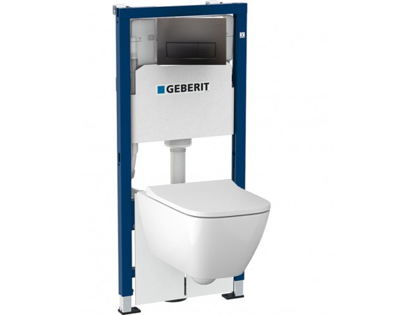 Инсталляция Geberit Delta 458.128.16.1 в комплекте с унитазом безободковым Geberit Smyle Square 500.683.01.1 черная кнопка (не оставляет отпечатков пальцев)