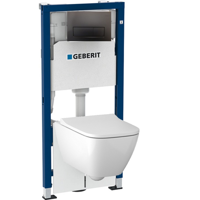 Инсталляция Geberit Delta 458.128.16.1 в комплекте с унитазом безободковым Geberit Smyle Square 500.683.01.1 черная кнопка (не оставляет отпечатков пальцев)