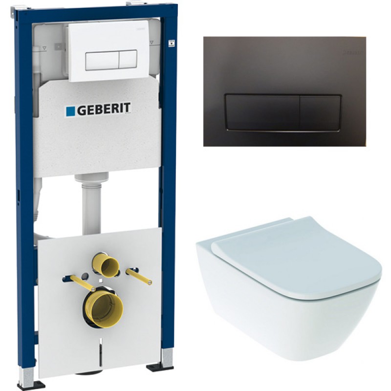 Инсталляция Geberit Delta 458.128.16.1 в комплекте с унитазом безободковым Geberit Smyle Square 500.683.01.1 черная кнопка (не оставляет отпечатков пальцев)