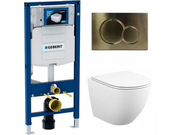 500.300.GN01.T12 Инсталляция Geberit Duofix Sigma 12 UP320 111.300.00.5 с кнопкой Sigma 01 в комплекте с унитазом безободковым (золотая матовая кнопка)