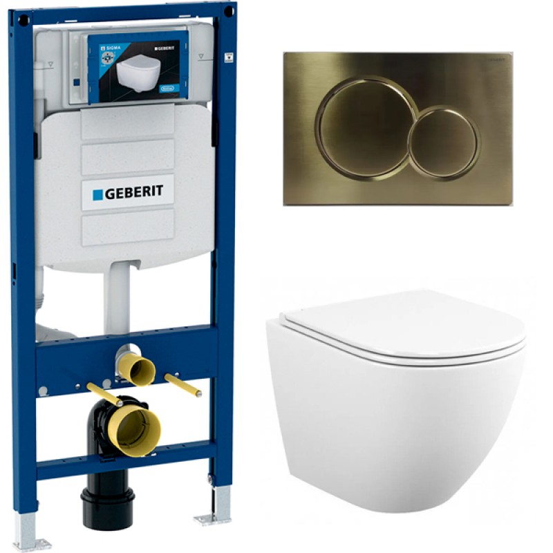 500.300.GN01.T12 Инсталляция Geberit Duofix Sigma 12 UP320 111.300.00.5 с кнопкой Sigma 01 в комплекте с унитазом безободковым (золотая матовая кнопка)