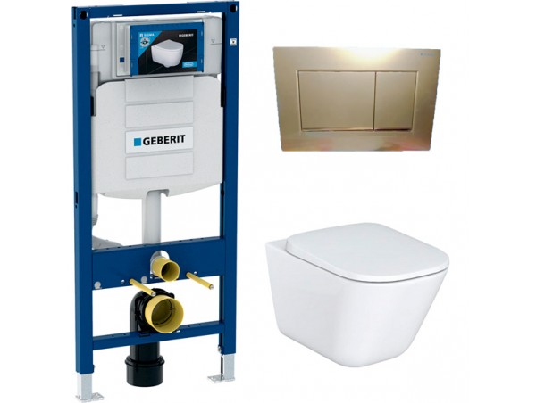 500.300.GL30.G Инсталляция Geberit Duofix Sigma 12 UP320 111.300.00.5 с кнопкой Sigma 30 в комплекте с унитазом безободковым Roca The Gap 34647L000 (золотая глянцевая кнопка)