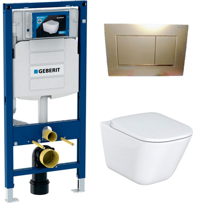 500.300.GN30.G Инсталляция Geberit Duofix Sigma 12 UP320 111.300.00.5 с кнопкой Sigma 30 в комплекте с унитазом безободковым Roca The Gap 34647L000 (золотая матовая кнопка)