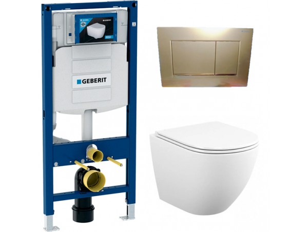 500.300.GN30.T12 Инсталляция Geberit Duofix Sigma 12 UP320 111.300.00.5 с кнопкой Sigma 30 в комплекте с унитазом безободковым (золотая матовая кнопка)