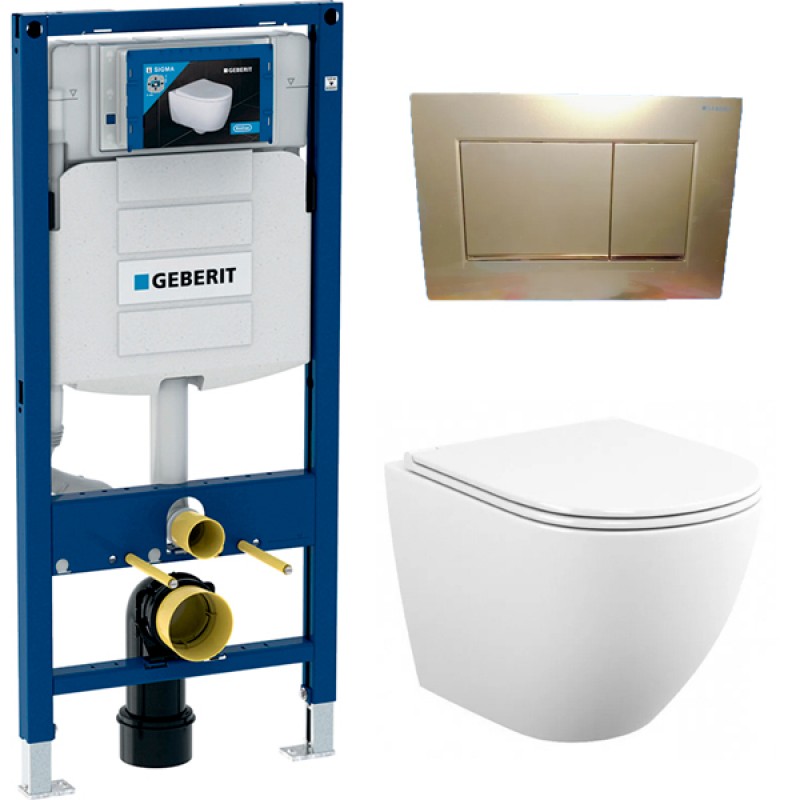 500.300.GN30.T12 Инсталляция Geberit Duofix Sigma 12 UP320 111.300.00.5 с кнопкой Sigma 30 в комплекте с унитазом безободковым (золотая матовая кнопка)