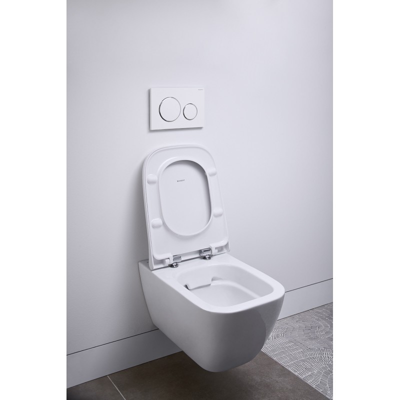 Инсталляция Geberit Delta 458.128.16.1 в комплекте с унитазом безободковым Geberit Smyle Square 500.683.01.1 черная кнопка (не оставляет отпечатков пальцев)