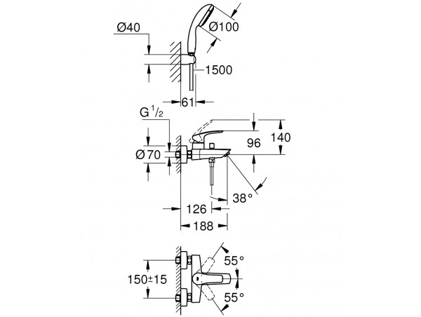 Смеситель для ванны с душевым гарнитуром Grohe Eurosmart 2021 33302003