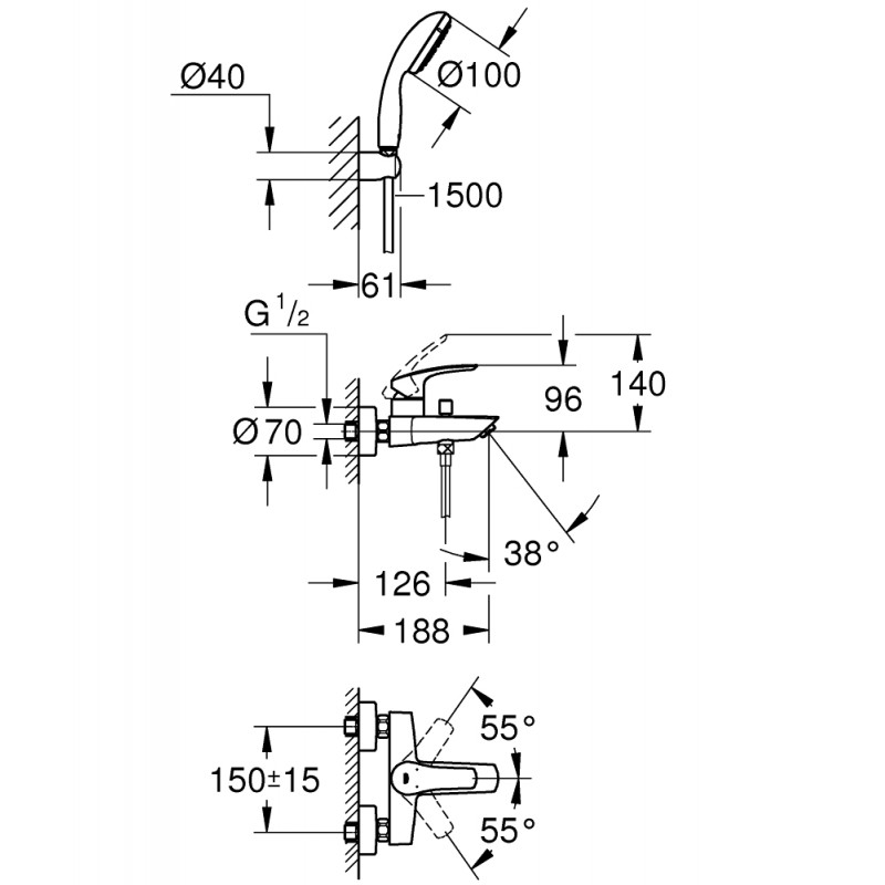 Смеситель для ванны с душевым гарнитуром Grohe Eurosmart 2021 33302003 Смеситель для ванны с душевым гарнитуром Grohe Eurosmart 2021 33302003