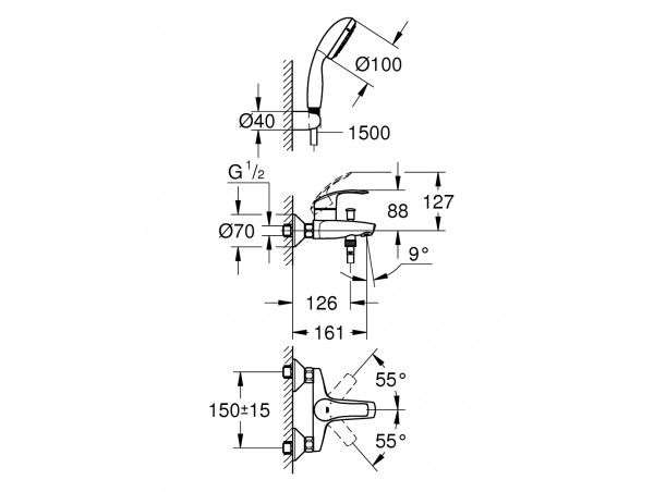 Смеситель для ванны с душевым гарнитуром Grohe Eurosmart 3330220A