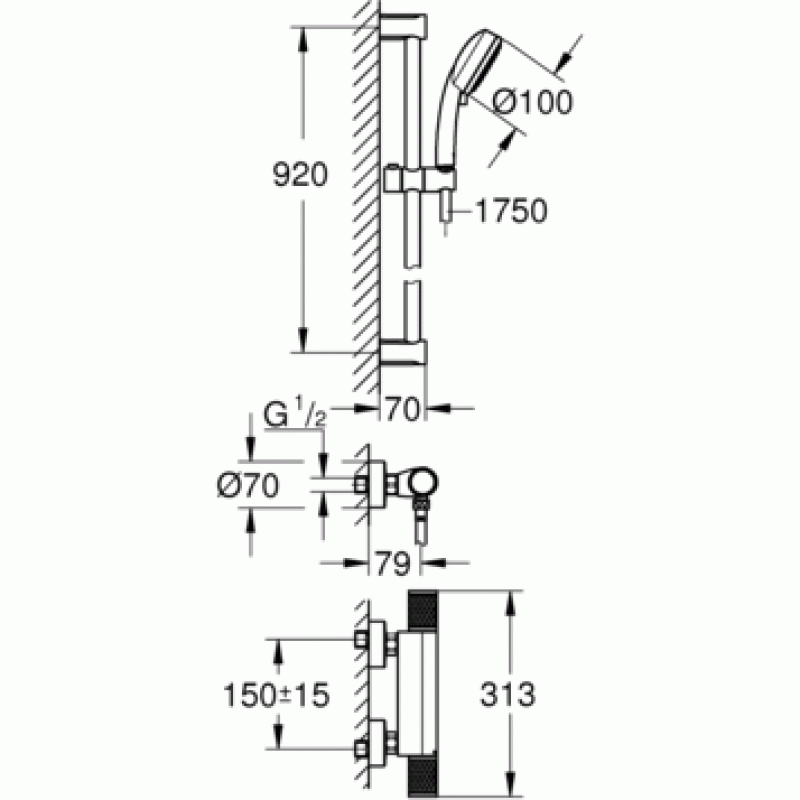 Термостат для душа с душевым гарнитуром Grohe Grohtherm 1000 Performance 34784000